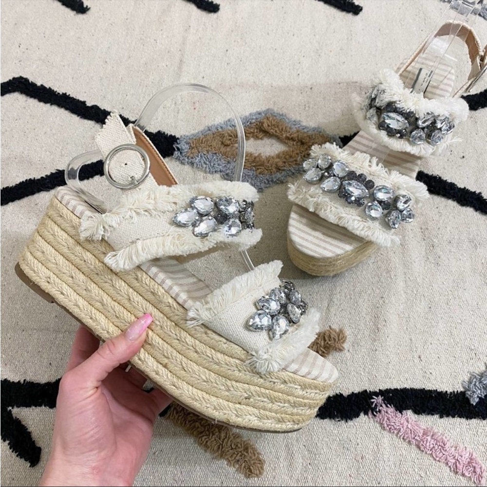 Zara Cream Platform Espadrille Sandals Rhinestone Accent Women's EU Size 38 EUC